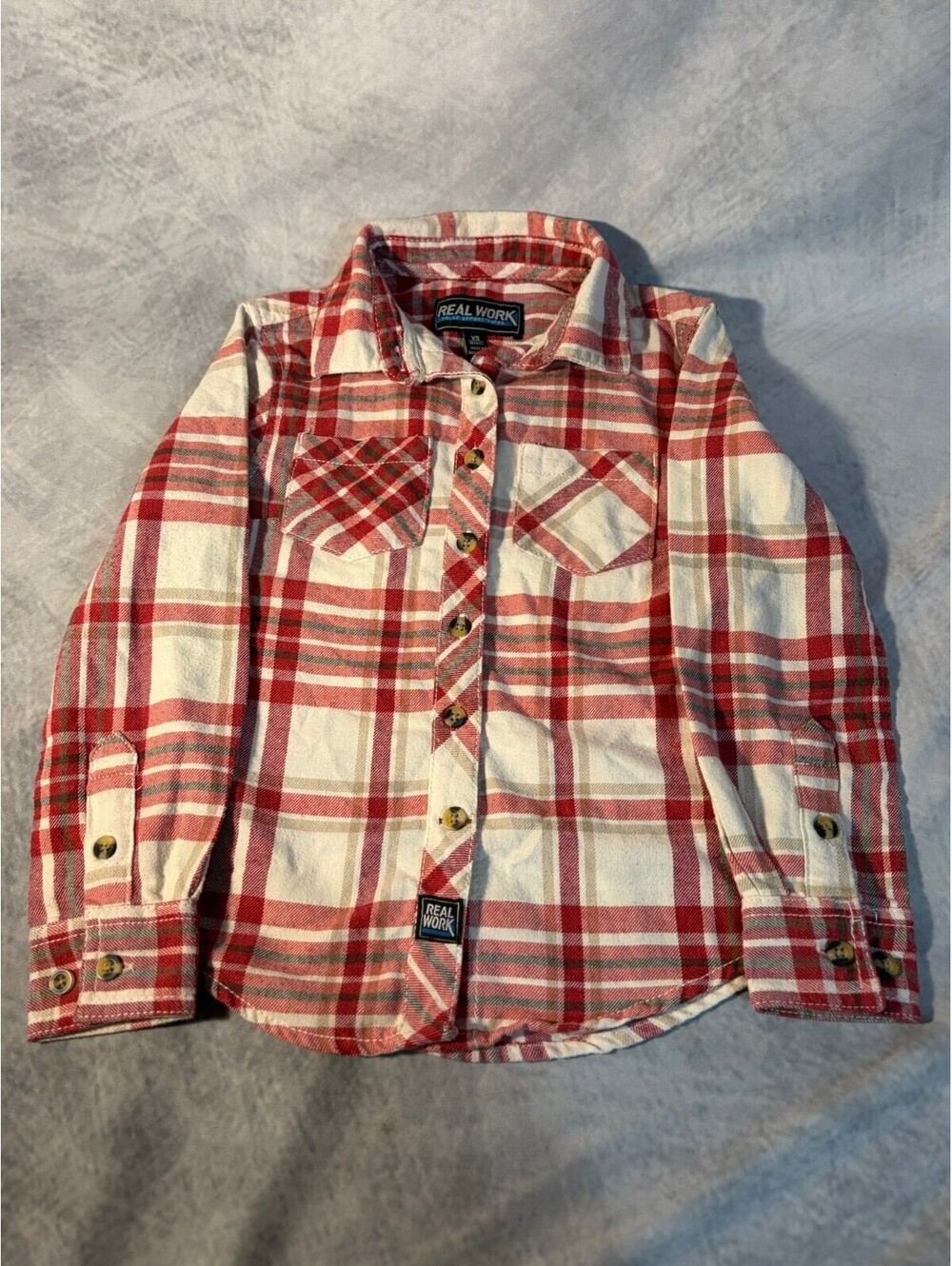 Real Work Boys XS 6/6X Red White Plaid Flannel Button Front Long Sleeve Shirt